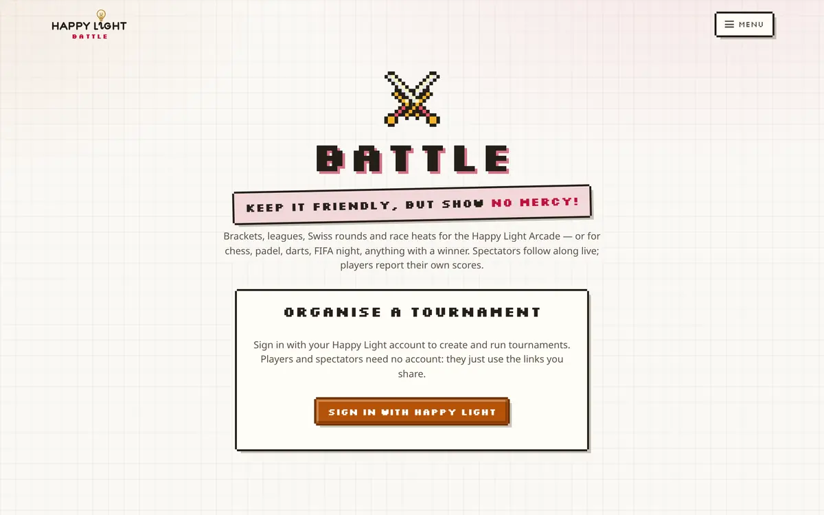 The Battle front page: crossed pixel swords over the BATTLE title, the tagline "Keep it friendly, but show no mercy!", and an Organise a tournament card with a sign-in button.